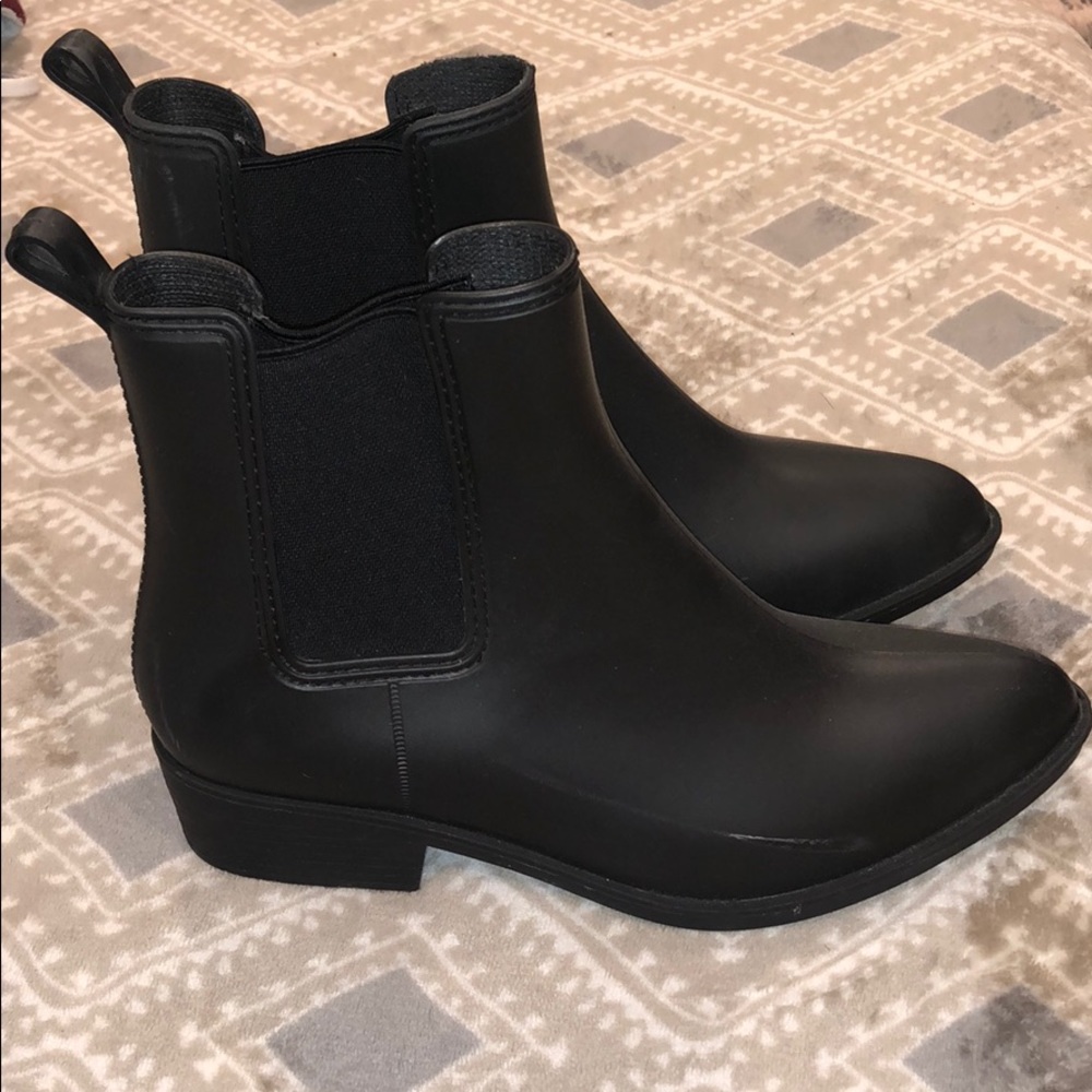 All black small heel rain boots